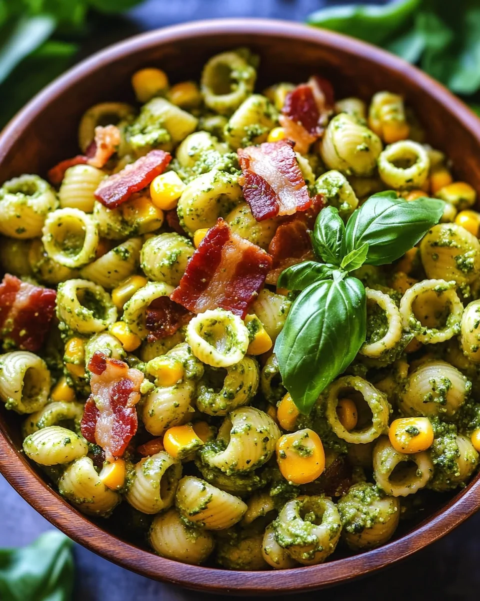 Corn Pasta Salad with Bacon and Creamy Pesto Dressing