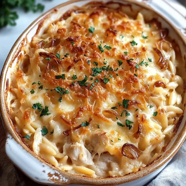 French Onion Chicken Orzo Casserole