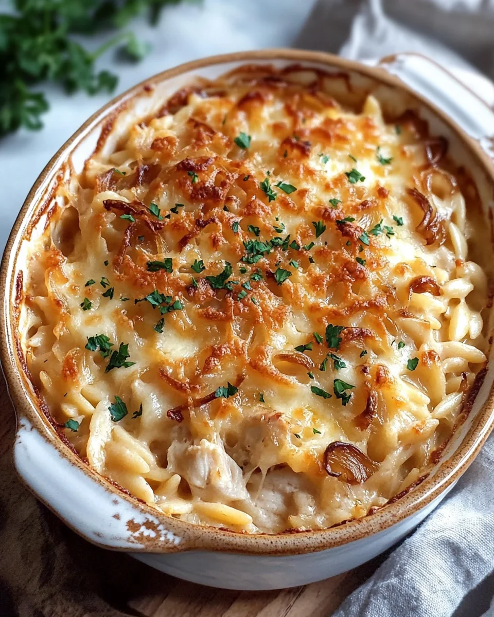 French Onion Chicken Orzo Casserole