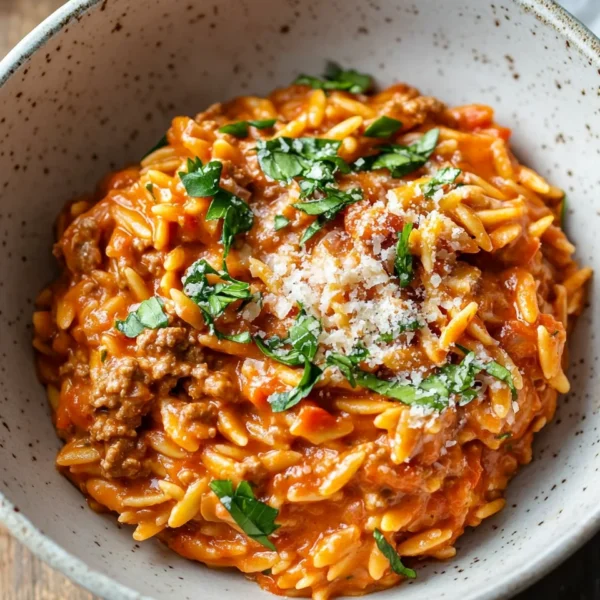 Ground Beef Orzo with Tomato Cream Sauce