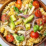 Healthy Chicken Pasta Salad with Avocado, Tomato, and Basil