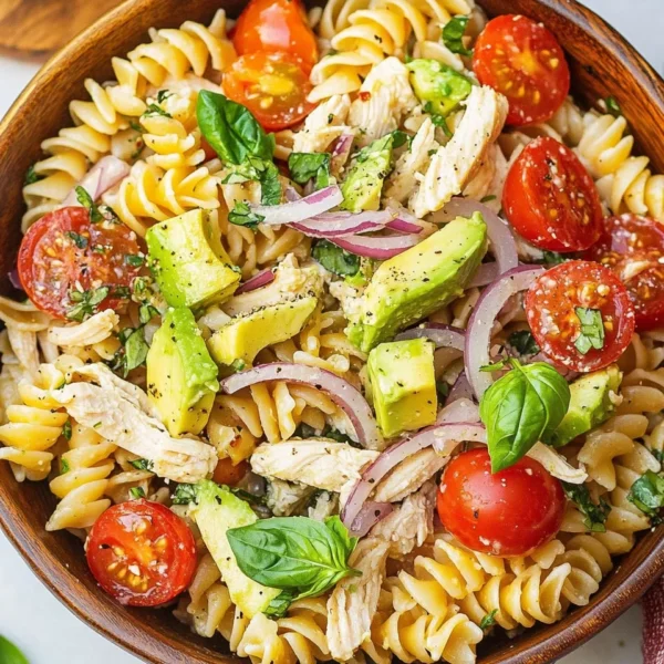 Healthy Chicken Pasta Salad with Avocado, Tomato, and Basil