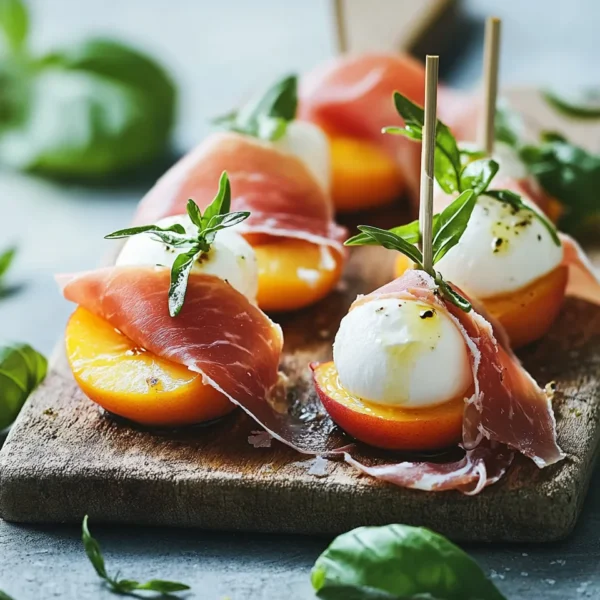 Mozzarella, Prosciutto, and Pickled Peach Appetizer Skewers