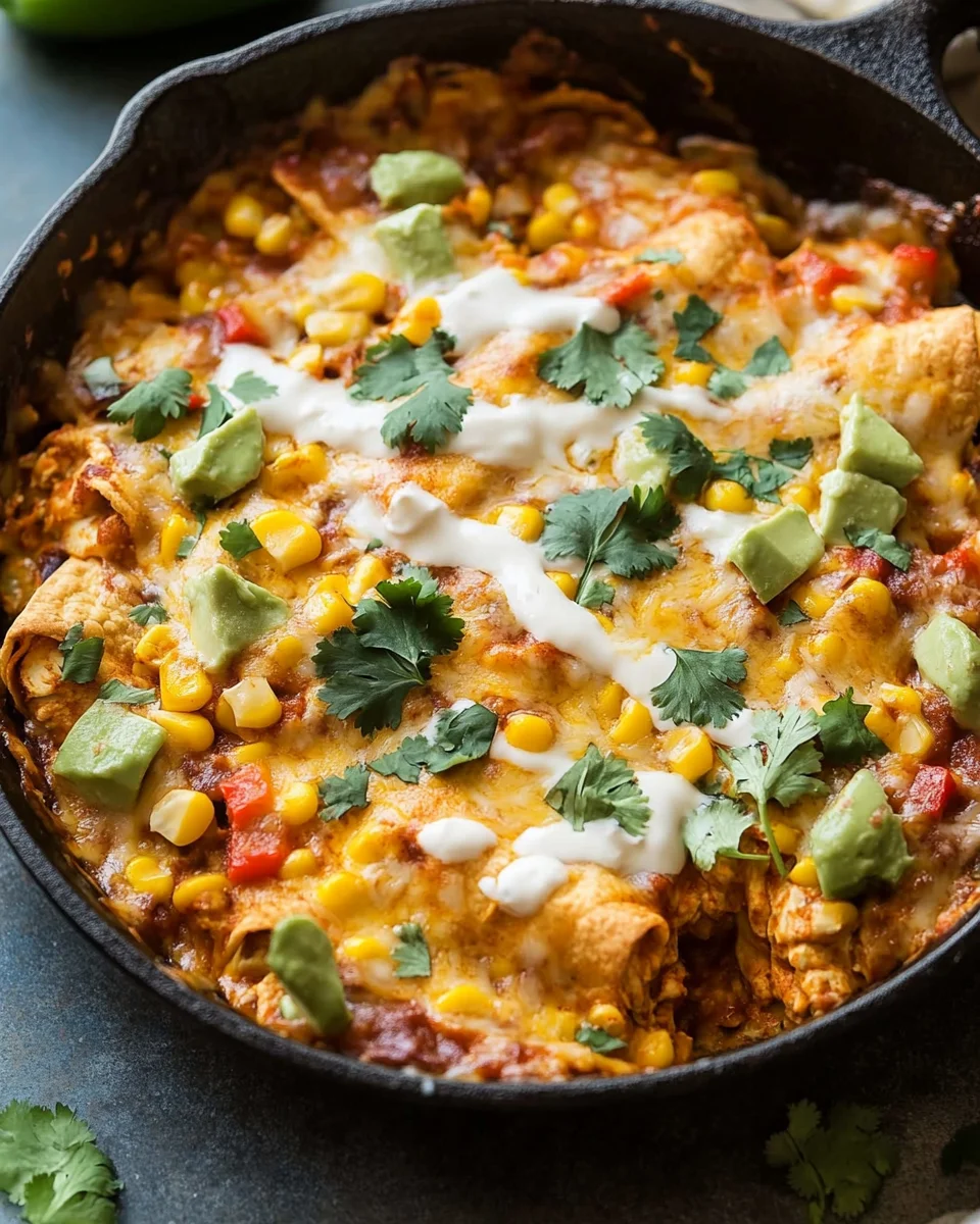 One Skillet Street Corn Chicken Enchilada Bake