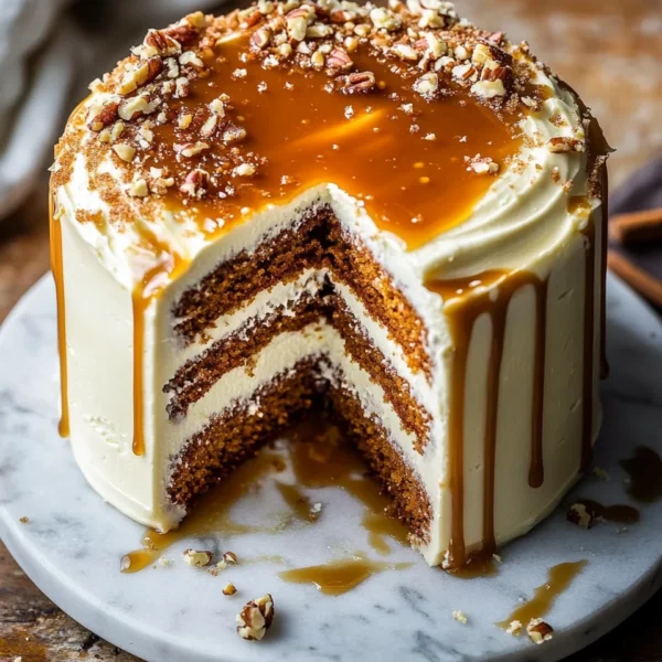 Pumpkin Cake with Cream Cheese Frosting and Salted Caramel Drizzle